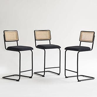 Natural Rattan Counter Height Stools Set of 3 with Solid Wood Back, 24 Inch Mid Century Modern Cesca Bar Stools, Black Upholstery Boho Stools for Kitchen Counter with Black Coating Metal Legs