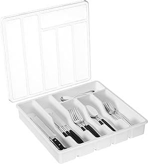 Lifewit Silverware Organizer with Lid, Covered Utensil Tray for Kitchen Drawer and Countertop, Plastic Cutlery and Flatware Storage Box for Spoons Forks Knives Holder Case, 12.6x11.8", White