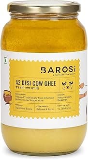Barosi Premium A2 Cow Ghee 1 Litre | A2 Danedar Desi Ghee | Churned from Curd with Bilona Method | Pure & Aromatic | Organic, Farm Made in Small Batches | Glass Jar
