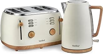 VonShef Kettle and Toaster Set – Scandi 1.7L Rapid Boil Kettle 3000W & 4 Slice Wide Slot Toaster 1500W with 6 Browning Controls & High Lift – Nordic Cream and Wood Accents – Fika Range