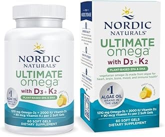 Ultimate Omega Plant Based Vitamin with Vitamin D3+K2-60 Vegetarian Soft Gels - 1210 mg Omega-3s Plus 2000 IU D3 and 90 mcg K2 - Promotes Brain Health - Non GMO - 30 Servings