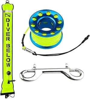 4ft Yellow Scuba Diving Open Bottom Surface Marker Buoy (SMB) with 49ft Finger Spool Alloy Dive Reel and Double Ended Bolt Clip - Blue