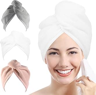 Ultra Plush Microfiber Hair Towel Wrap for Women, 2 Pack 10 inch X 26inch Purple, Ultra Absorbent Twist Hair Turban Drying Cap Hair Wrap, For Drying Curly, Long & Thick Hair (17 Gray White Beige)