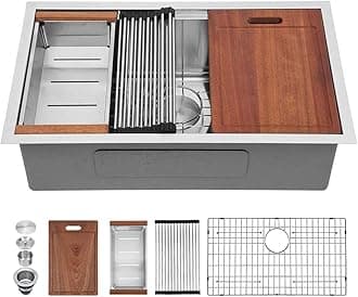 Sarlai 28 Kitchen Sink Undermount - 28 Inch Stainless Steel Kitchen Sink Ledge Workstation Undermount Deep Single Bowl 16 Gauge R10 Tight Radius Stainless Steel Kitchen Sink Basin