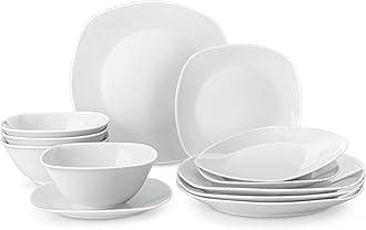 MALACASA Dinner Set for 4, 12 Pieces Porcelain Plates and Bowls Set, Gray White Ceramics Dinnerware Sets, Chip and Scratch Resistant Dishes Set Square Crockey Sets, Series Elisa
