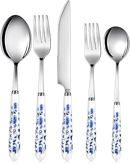5 Pcs Chinoiserie Silverware Set Blue and White Porcelain Silverware Christmas Gift Stainless Steel Utensils Set with Ceramic Handle Includes Knives Forks Spoon High Tea Gift for Wedding