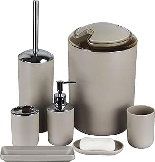 IMAVO Bathroom Accessories Set,Apricot Bathroom Set,7 Pieces Bathroom Accessory Set,Tray,Toilet Brush,Trash Can for Bathroom Décor and Housewarming Gifts