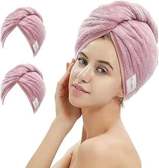 M-bestl 2 Pack Microfiber Hair Towel Wrap,Hair Drying Towel with Button Design,Head Towel to Dry Curly Hair Quickly (Bean Pink)
