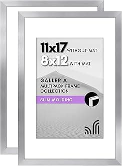 Americanflat 11x17 Picture Frame with Polished Plexiglass - Set of 2 - Use as 8x12 Frame with Mat or Display 11x17 Photo Without Mat - Galleria Collection - Picture Frames for Wall Display - Silver