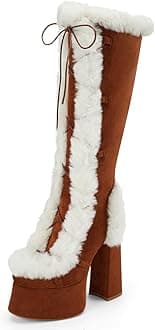 Women's High Chunky Heel Platform Knee High Boots Fashion Leather Lace Up Heeled Long Boots Wide Calf