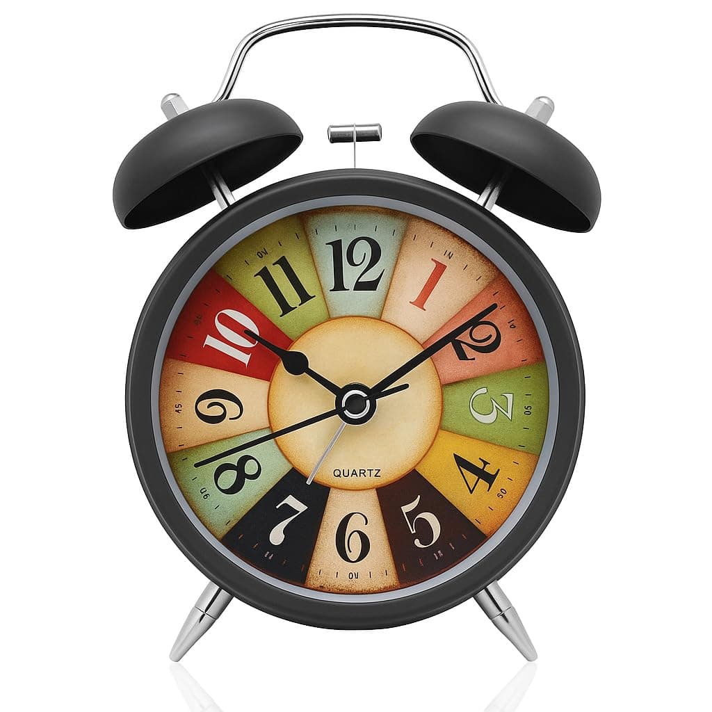 Aerys Table Clock Retro Twin Bell Metal Frame Alarm Clock With Night Backlight Function & Silent Motion, Bedside Luminous Alarm For Students Bedroom/Office (Black Vintage) - Analog, 4.5 X 1.5 Inch