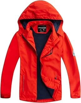 – Boys Girls Waterproof Jackets Kids Lightweight Fleece Lined Raincoat with Detachable Hood
