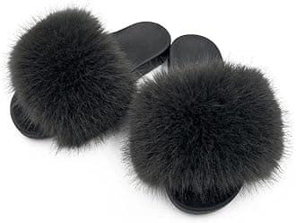 Women's Faux Fur Slides Slippers Fluffy Fuzzy Sandals Open Toe Furry Slide Flip Flop Indoor Outdoor