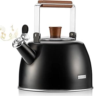 SUSTEASTea Kettle - 2.3QT Whistling Teapot for Stovetop - Chic 18/8 Stainless Steel Tea Pots for Stove Top with Wood Pattern Folding Handle, Suitable for All Heat Sources (Black)