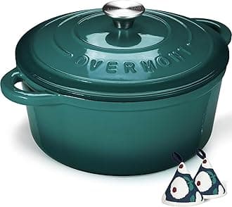 Overmont 26cm/5.2L Enamelled Cast Iron Round Casserole Pot With Lid Cookbook & Cotton Potholders - Non-stick Dutch Oven Cookware for Braising, Stews, Roasting, Bread Baking - Bottle green, 5.5QT