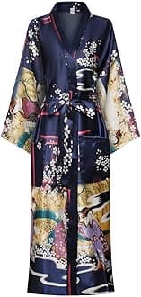 DandyChic Women's Long Floral Satin Robes Imitation Silk Sleepwear Bridal Dressing Gown for Bridesmaid Nightgown