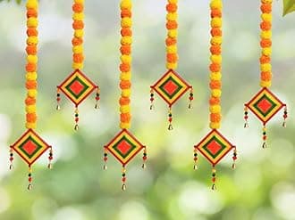 JH Gallery Handmade Artificial Marigold Fluffy Flowers Colorful Woolen Kite Bells Hangings for Home Décor, Pooja Room Decoration, Haldi Mehndi Décor, Wedding Decoration(39 Inches)(Pack of 6)