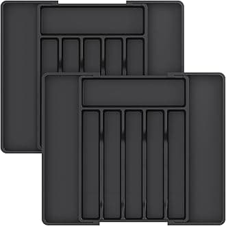 2Pcs Cutlery Drawer Organiser, Extendable Cutlery Tray, Kitchen Drawer Organiser Utensil Spoons Forks Knives, 8 Compartment, Black