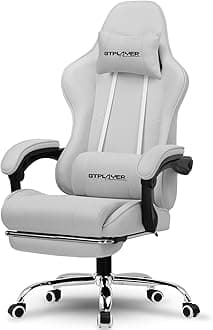 Gaming Chair with Footrest, Computer Chair with and Lumbar Support, Height Adjustable Game Chair with 360°-Swivel Seat and Headrest and for Office or Gaming (All Light Gray-Fabric)