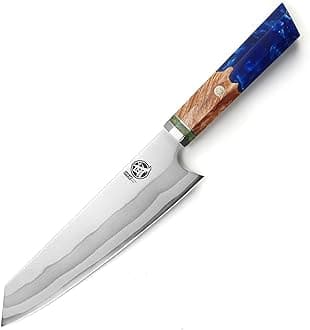 MITSUMOTO SAKARI Japanese Kiritsuke Hand Forged 67 Layers 440C Damascus Steel Chef Knife, Blue Pomegranate Handle & Box