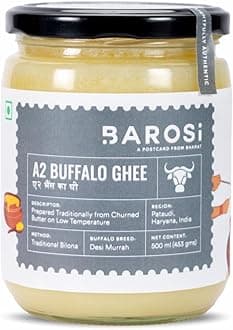 BAROSI [Premium A2 Buffalo Ghee 500 ML] Danedar Desi Ghee | Vedic Bilona Method | Grass-Fed | Curd-Churned | Pure, Natural & Healthy Ghee (Glass Bottle 500 ml)