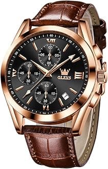 OLEVSWatches for Men Brown Leather Gold Case Analog Quartz Fashion Business Dress Watch Day Date Luminous Waterproof Casual Male Wrist Watches