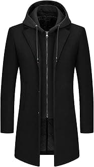 Mens Wool Trench Coat Solid Casual Padded Outdoor Overcoat Long hooded Warm Coat Jacket