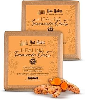 Nat Habit Turmeric Oats Bath Butter Soap | Ayurvedic Body Tan Removal for Women & Men | De-Tan, Anti Tan & Antibacterial Bar| Scar Reduction & Deep Cleansing | Handmade Haldi Soap | 125g x 2