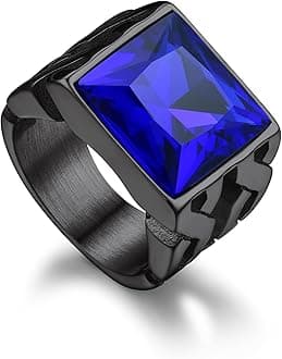 BandmaxGemstone Signet Rings for Men, Stainless Steel Fancy Cut Cubic Zirconia Rings Blue Topaz/Emerald/Black Onyx/Ruby Ring Statement Ring Wedding Ring Size 7-14Recycled Claim Standard Blended