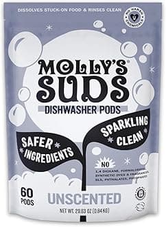 Molly's Suds Dishwasher Pods | Clean Dishwasher Detergent, Cuts Grease & Rinses Clean (Residue-Free) for Sparkling Dishes | 60 Auto-Release Tabs (Unscented)
