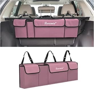 Car Trunk Organizer, Backseat Hanging Storage with 4 Large Pockets, Collapsible Cargo Bag with Adjustable Straps Frees Trunk Floor, Sturdy Space Saving Expert for SUV, Truck, Van (Pink)