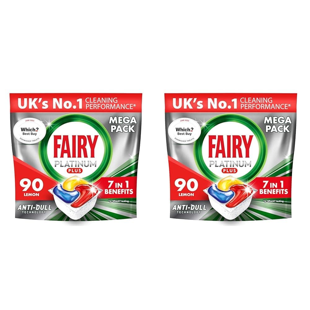Fairy Platinum Plus All-In-1 Dishwasher Tablets, Lemon, 90 Tablets (5x18), Our Best Cleaning For A Clean Like New, Removes Dullness & Prevents Limescale (Pack of 2)