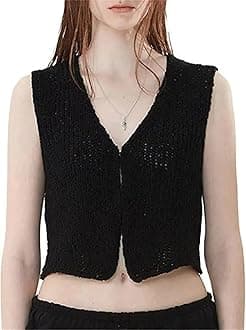 Faretumiya Women Y2k Button Down Crochet Knit Vest Sleeveless Hollow Out Crop Tops Vintage Casual V-Neck Versatile Streetwear