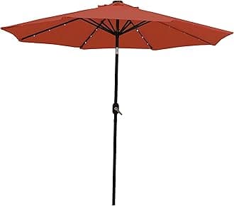 Sunnydaze 9 ft Outdoor Patio Umbrella with Solar Lights - Polyester LED Table Market Umbrella with Push-Button Tilt and Crank - Burnt Orange