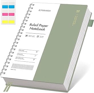 EMSHOI A4 Notebook College Ruled, Spiral Notepad 150 Sheets/300 Pages, 100gsm, PVC Cover, Sticky Notes, Pocket, Pen Loop, Ruler, Bookmark, Lined Journal for Writing, 21x28.5cm, Sage Green