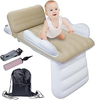 Sunlisky Inflatable-Toddler-Travel-Bed for Airplane Car Seat Portable Foldable Infant Travel Bed Baby Travel Crib with Sides,Hand Pump Safety Belt and Carry Bag Sets (Beige)