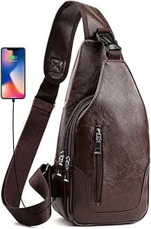 Men Sling Bag Anti Theft Shoulder Bag Small Leather Crossbody Sling Backpack with USB Charge Port Dark Brown