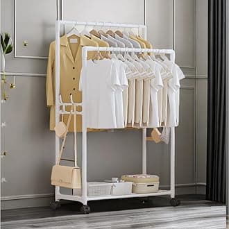 Goodern Double Rod Clothing Rack,Heavy Duty Clothes Hanging Rack,Garment Racks,Rolling Garment Rack with Wheels, Multi-functional Bedroom Clothes Rack for Hanging Clothes and Shoe Storage-White