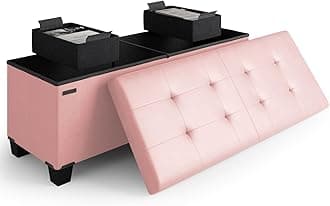 Storage Ottoman Bench with Bins, 43-in Storage Bench for Bedroom End of Bed, Folding Foot Rest Ottoman for Living Room Max 660lbs, Leather Ottomans, Pink