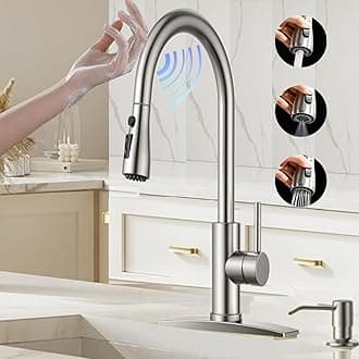 Touch On Kitchen Faucet, 3 Modes Pull Down Sprayer, Touch On Sensor Activated, Ceramic Disc Valve, 360-Degree Rotation,1 or 3 Hole Deck Plate. 10-Year Warranty. (Brushed Steel, KW-69SN)