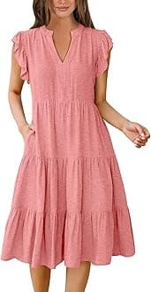 Womens Summer Dress Ruffle Sleeve V Neck Midi Dresses Fashion Casual Fit Flowy Tiered Boho Beach Vacation Sundress