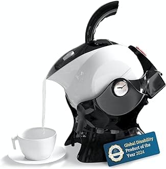 Electric Safety Kettle | Black Tipper Base Included | Effortless Pour Every Time | Daily Living Drinking Aid For Disabled and Seniors | 1.5 Liters | Black and White