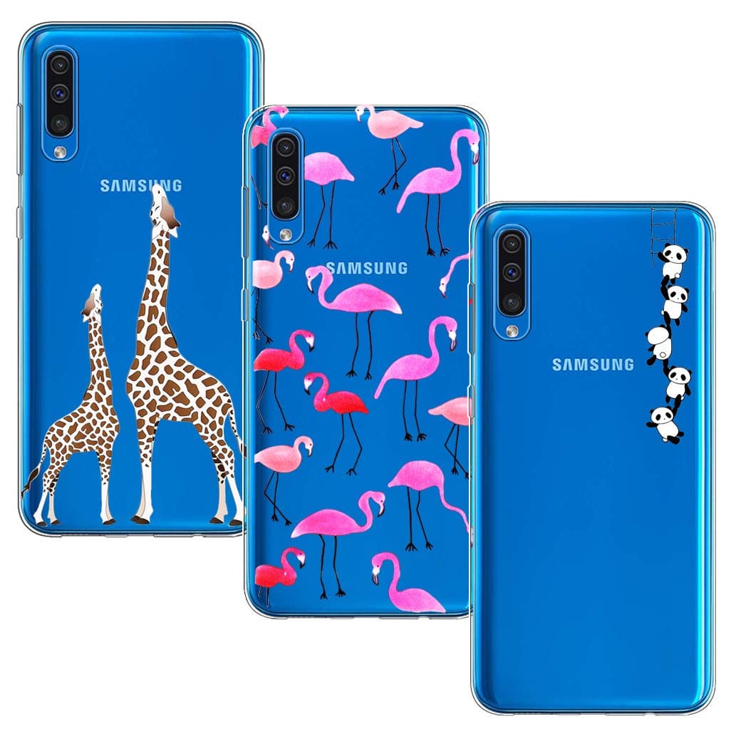 BAOWEI [3-Pack] for Samsung Galaxy A50 Case, Ultra Thin Crystal Clear Soft TPU Silicone Case with Stylish Cute Pattern Protective Phone Case Cover for Samsung A50 - Giraffes, Flamingo & Panda