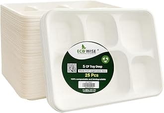 – Best House EcoWise 100% Compostable and Biodegradable 5 Compartment Dinner Plates, 5CP Food Tray, Eco-Friendly Sugarcane Paper Trays (Pack of 25 PCS)