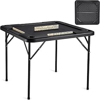 VEVOR Folding Card Table, 4 Player Portable with 4 Cup Holders & Chip Trays, Mahjong Domino Game Set, 35.4 x 35.4-inch, Black