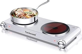 Techwood Hot Plate Electric Burner Countertop Burner Double Burner Infrared Ceramic Double Cooktop Cast Iron Outdoor Electric Stove 1800W (900W & 900W) with Adjustable Temperature Control Brushed Stainless Steel Easy To Clean Upgraded Version (Double Hot Palte)