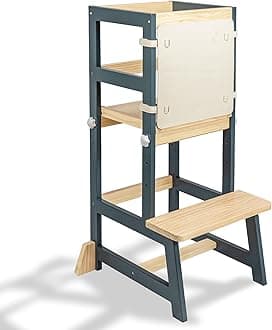 WOOD CITY Kitchen Stool Helper for Kids with Non-Slip Mat, Toddler StandingTower for Learning, Wooden Toddler Stepping Stool for Counter & Bathroom Sink (Deep-Blue-Adjustable)