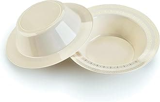 " OCCASIONS " 120 Pieces Plate Pack, Heavyweight Disposable Wedding Party Plastic Dessert Ice Cream Bowls (6 oz Ice cream bowls, Lace in Ivory & Gold)