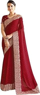 Satrani Women's Vichitra Silk Hot Fixing Embroidery Border Saree with Unstitched Blouse Piece
