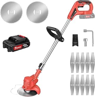 Metal Blade Cordless Strimmer Lightweight Grass Trimmers With 10 Metal Blades, 2 Saw Disc, 1.5Ah Battery, 15cm Cutting Diameter, Adjustable Height and Cutting Head, For Lawn Garden (Red)